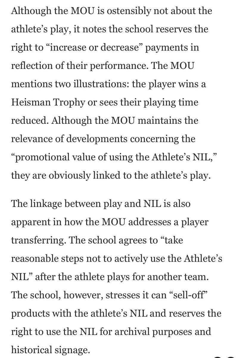 A look at what the rev-share MOU Big Ten schools are using with athletes looks like. 

While the agreement uses language to try &amp; avoid creating an employment relationship, its terms coupled with the amount of control schools exercise over athletes likely makes that unavoidable.
