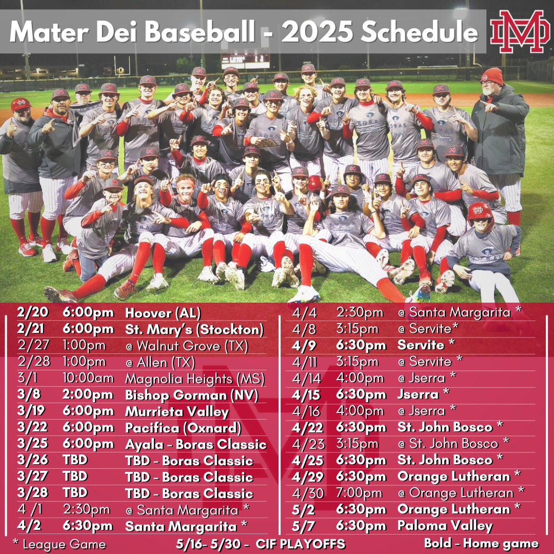 Mater Dei Baseball (@mdhs_baseball) on Twitter photo 🚨 The ‘25 Mater Dei Baseball Schedule is out! 🚨
The Monarchs are taking on some of the best teams in the country! Mark your calendars.
Can’t wait to see you at Rod Dedeaux Stadium! #weareMD #GoMonarchs #Family #Tradition #HonorGloryLove <a href="/MD_Athletics/">Mater Dei Athletics</a> 🚨 The ‘25 Mater Dei Baseball Schedule is out! 🚨
The Monarchs are taking on some of the best teams in the country! Mark your calendars.
Can’t wait to see you at Rod Dedeaux Stadium! #weareMD #GoMonarchs #Family #Tradition #HonorGloryLove <a href="/MD_Athletics/">Mater Dei Athletics</a>