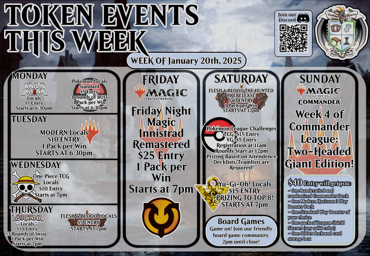 Highlights for January 20-26:
- Trying out Modern magic on Tuesday
- Innistrad Remastered draft on Friday; Participants receive a promo Deadeye Navigator
- Pokemon TCG and VG League Challenges at noon
- Flesh &amp; Blood The Hunted Prerelease also starts at noon