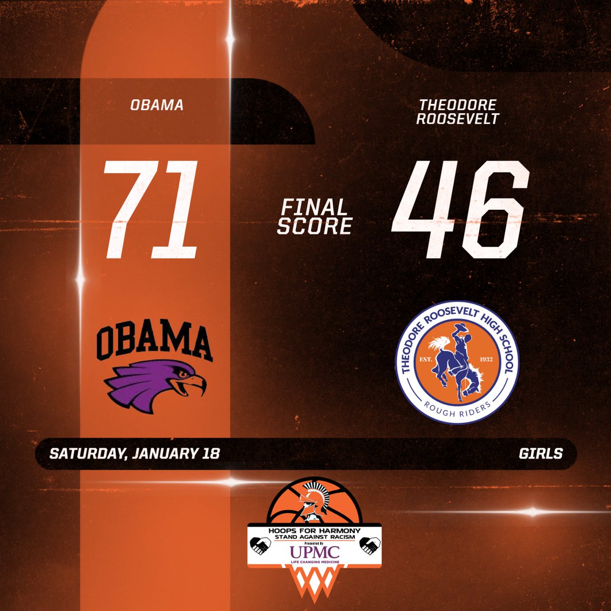 Obama Academy dominates with a stellar 71-46 win over Theodore Roosevelt! 🏀🔥 Both teams showcased determination and skill in the #HoopsForHarmony showcase. Great effort on and off the court! 👏💪