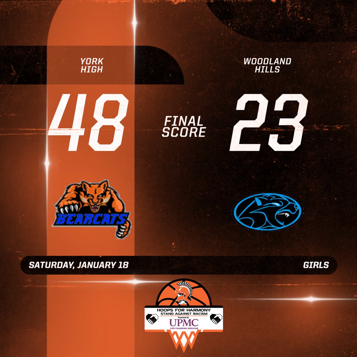 York High Bearcats secure a decisive 48-23 victory over Woodland Hills! 🏀💪 A fantastic display of teamwork and determination in the #HoopsForHarmony showcase. Great effort by both teams! 👏🔥