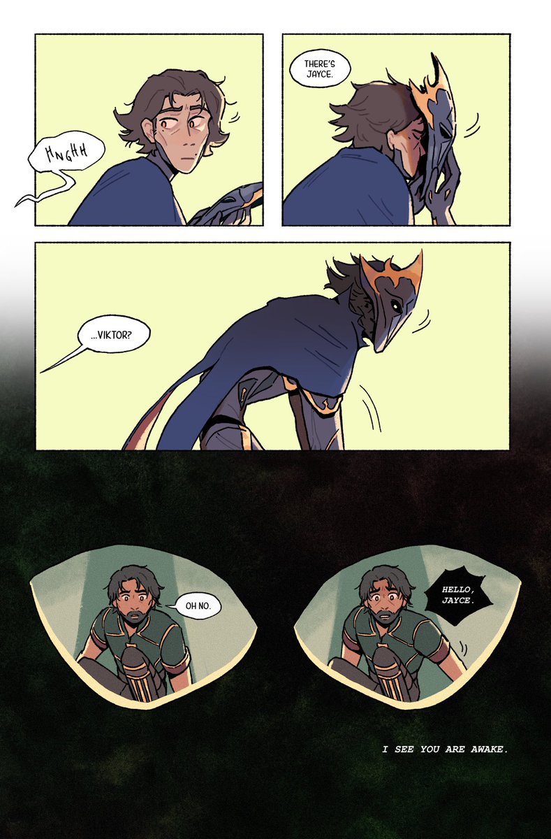 Finished a little prequel from Viktor's POV to my #jayvik comic (in which they end up Somewhere Else but Viktor is still (seemingly??) trapped in his Arcane Herald form)