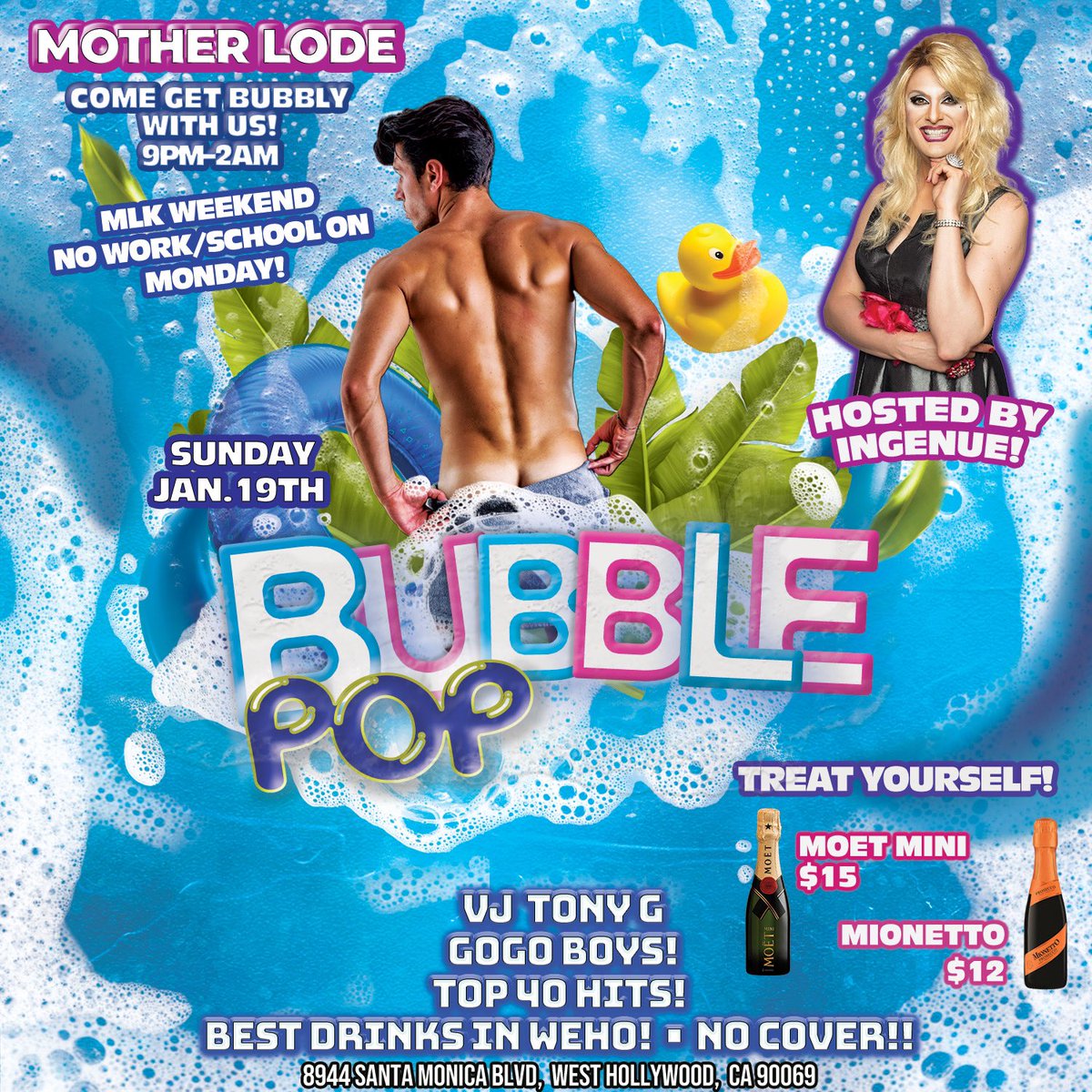 IngenueLA's tweet photo. TONIGHT 1/19/25! It’s Sunday and time for 🫧🍾BUBBLE POP🍾🫧 at Mother Lode bar in WeHo Hosted by me 🎤 9pm https://t.co/96fWzzJzDJ