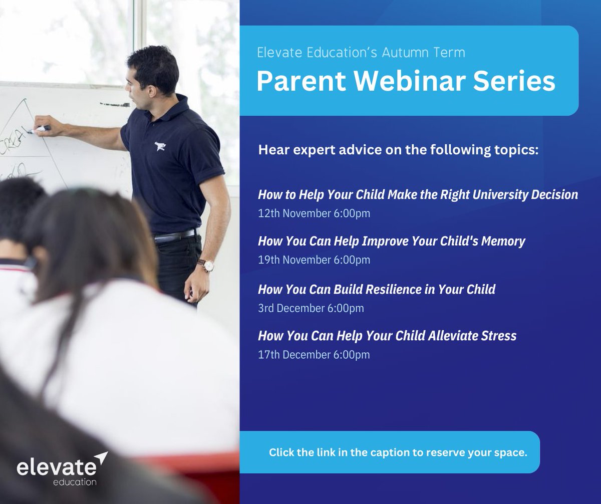 Elevate works with our students to develop their study skills through high-impact workshops. Sign up for their parent webinar series to learn how to help enforce effective revision techniques and working methods at home this term!

go.elevateeducation.com/ukschoolwebinar