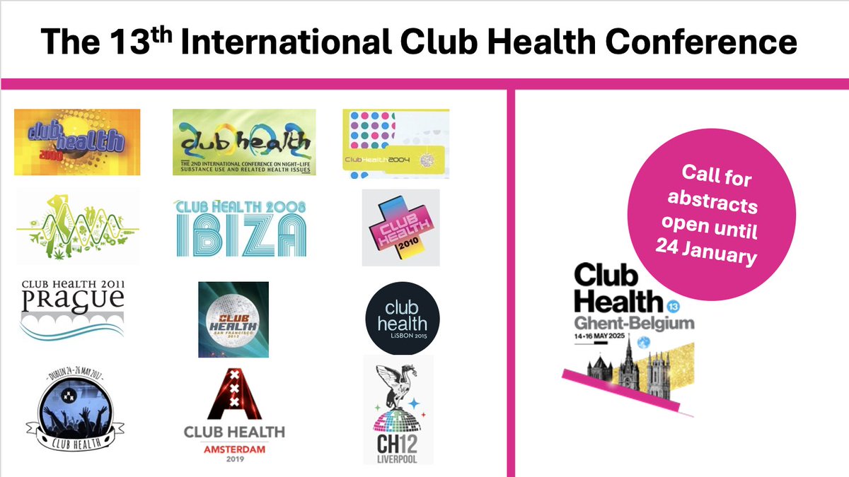 Club Health Ghent 2025 (@clubhconference) on Twitter photo Still time to submit an abstract for an oral, panel discussion and poster presentations. theclubhealthconference.com/abstract <a href="/ZaraQuigg/">Zara Quigg</a> <a href="/irefrea/">IREFREA Portugal</a> <a href="/IrefreaEs/">IREFREA España</a> <a href="/nightologists/">International Night Studies Network</a>
<a href="/FMeasham/">Fiona Measham</a> <a href="/Sarahcmorton/">Sarah Morton</a> <a href="/GlobalDrugSurvy/">Global Drug Survey</a>
<a href="/EUDrugsAgency/">European Union Drugs Agency (EUDA)</a> <a href="/NickyDirkx/">Nicky Dirkx</a> <a href="/LJMUPHI/">Public Health @ LJMU</a> Still time to submit an abstract for an oral, panel discussion and poster presentations. theclubhealthconference.com/abstract <a href="/ZaraQuigg/">Zara Quigg</a> <a href="/irefrea/">IREFREA Portugal</a> <a href="/IrefreaEs/">IREFREA España</a> <a href="/nightologists/">International Night Studies Network</a>
<a href="/FMeasham/">Fiona Measham</a> <a href="/Sarahcmorton/">Sarah Morton</a> <a href="/GlobalDrugSurvy/">Global Drug Survey</a>
<a href="/EUDrugsAgency/">European Union Drugs Agency (EUDA)</a> <a href="/NickyDirkx/">Nicky Dirkx</a> <a href="/LJMUPHI/">Public Health @ LJMU</a>
