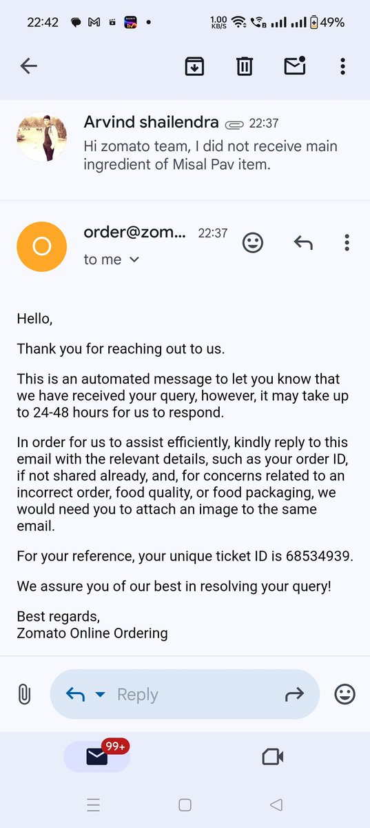 Arvind7266's tweet photo. @zomato @zomatocare your new feature is not solving the actual concern or issue. Please refer the screenshot of chat and email. Unable to reach out to restaurant as well for missing item and also seems like delivery partner was aware of this. What to do now with incomplete order https://t.co/eoYtCp9L1U