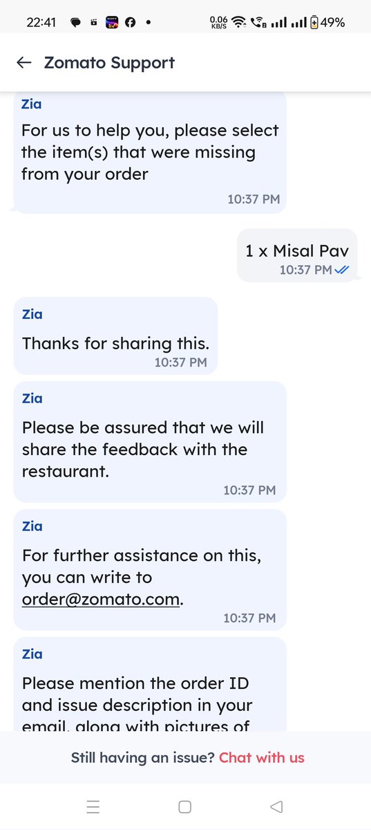 Arvind7266's tweet photo. @zomato @zomatocare your new feature is not solving the actual concern or issue. Please refer the screenshot of chat and email. Unable to reach out to restaurant as well for missing item and also seems like delivery partner was aware of this. What to do now with incomplete order https://t.co/eoYtCp9L1U