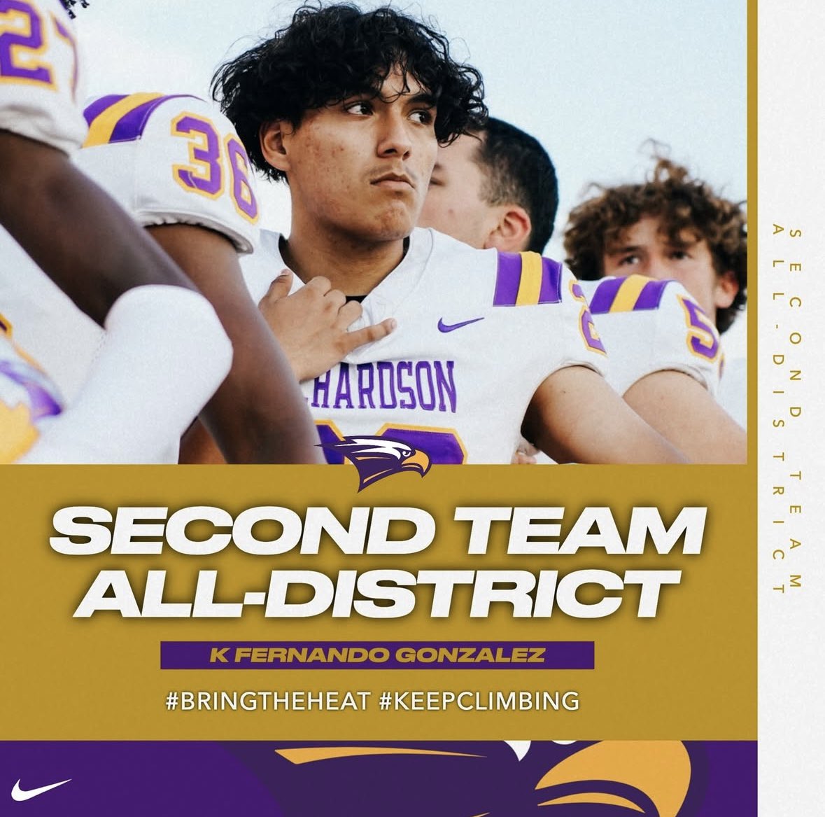Richardson Football (@richardson1fb) on Twitter photo 🦅Congratulations <a href="/FernandoG2025/">Fernando G</a> on being named 2nd team all district 7-6A.
#BringTheHeat #KeepClimbing 🦅Congratulations <a href="/FernandoG2025/">Fernando G</a> on being named 2nd team all district 7-6A.
#BringTheHeat #KeepClimbing