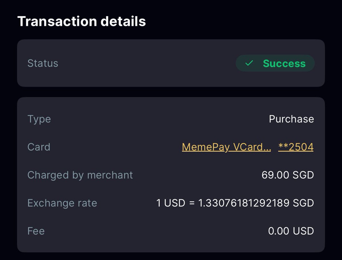 Tried out <a href="/memepaycom/">MemePay</a> today and everything was smooth from KYC to adding funds to making payments. All without a hassle and even no fees incurred. Only thing was the fx conversion from USD to SGD being way too many basis points off from the spot rate 👀 @memeland