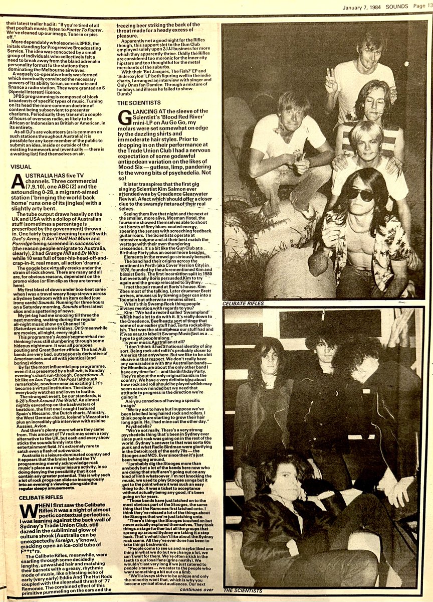 ZoundsAbound's tweet photo. Part 1 of a feature here from Mick Sinclair, as he ventures to Australia to see what new musical talent he can uncover

Among others he found #CelibateRifles #TheScientists #TheTriffids &amp; #MSquared 

Sounds Jan 7th 1984 https://t.co/AkMyKL6cd2