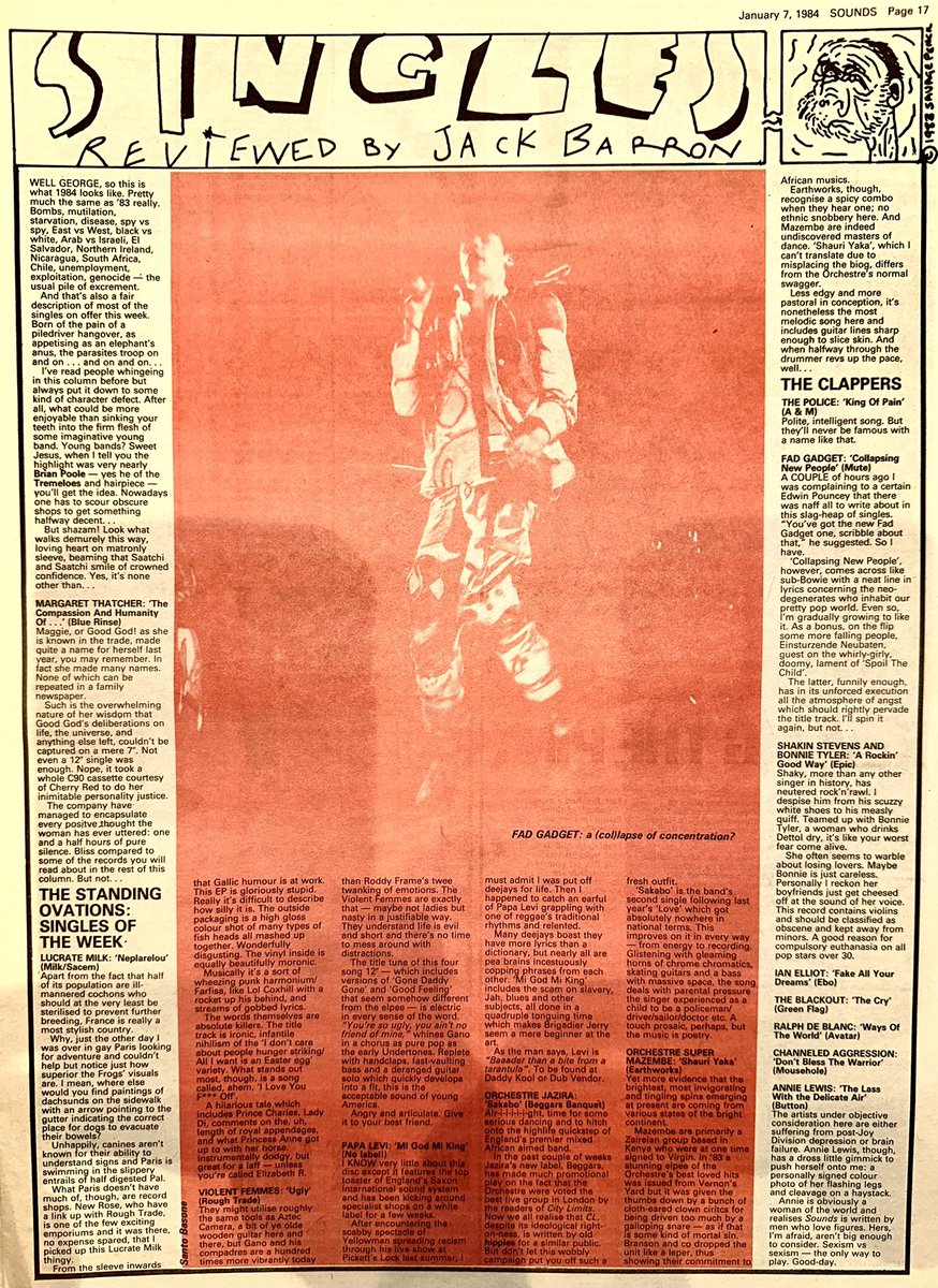 ZoundsAbound's tweet photo. Jack Barron reviews the Singles this week, his faves being ‘Neplarelou’ by #LucrateMilk ‘Ugly’ by @violentfemmes
& ‘Mi God Mi King’ by #PapaLevi
Sounds Jan 7th 1984 https://t.co/Udm7Dve4uy