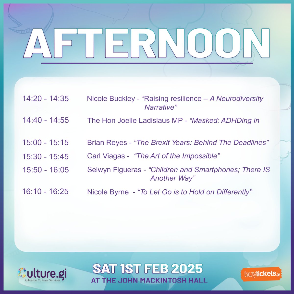 gib_talks's tweet image. Our afternoon schedule is looking popular - tickets are going fast! 🔥 Here&apos;s your reminder of the lineup, get your tickets now! buytickets.gi/events/gibtalk…