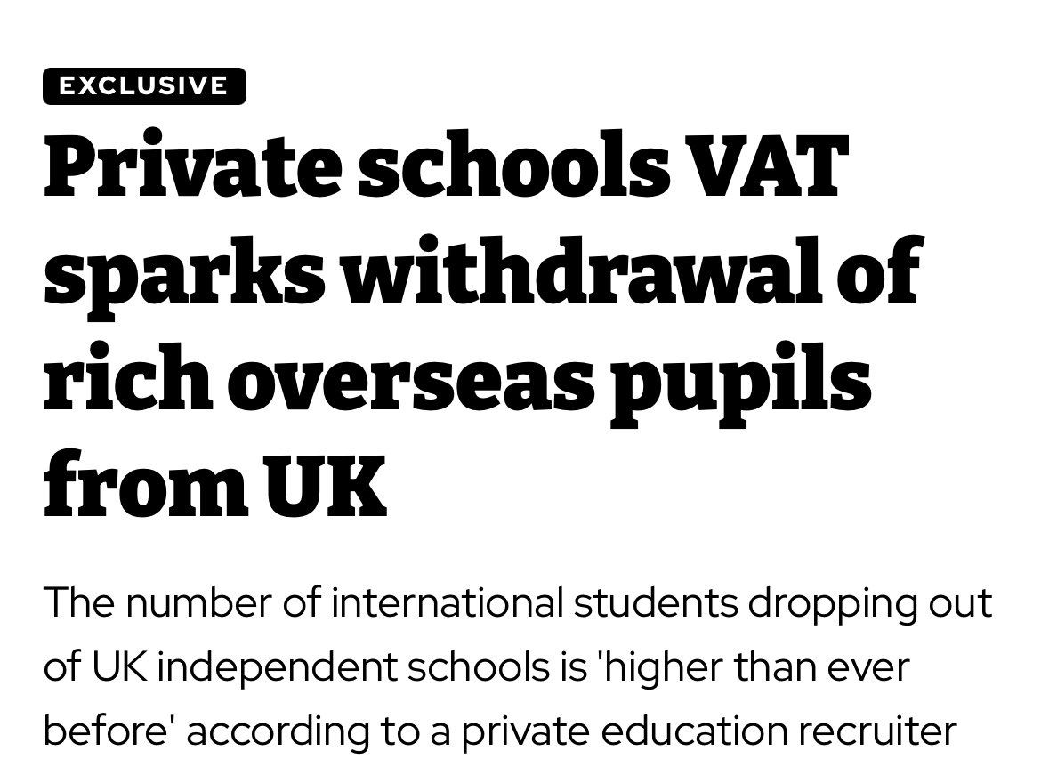 Increasing the cost of private schools fees by 20% with the addition of VAT has not only ensured British children would leave, but international children too.

It’s almost as everything the *actual* experts told us would happen, is actually happening.

Who would have thought?