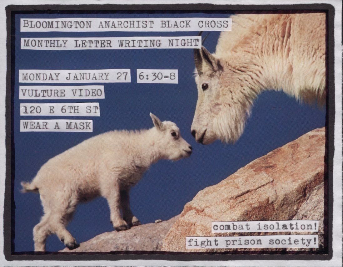Next Monday Vulture will be hosting Bloomington ABC's letter writing night. Snacks and stationary are provided. Monday 1/27 6:30-8:00.