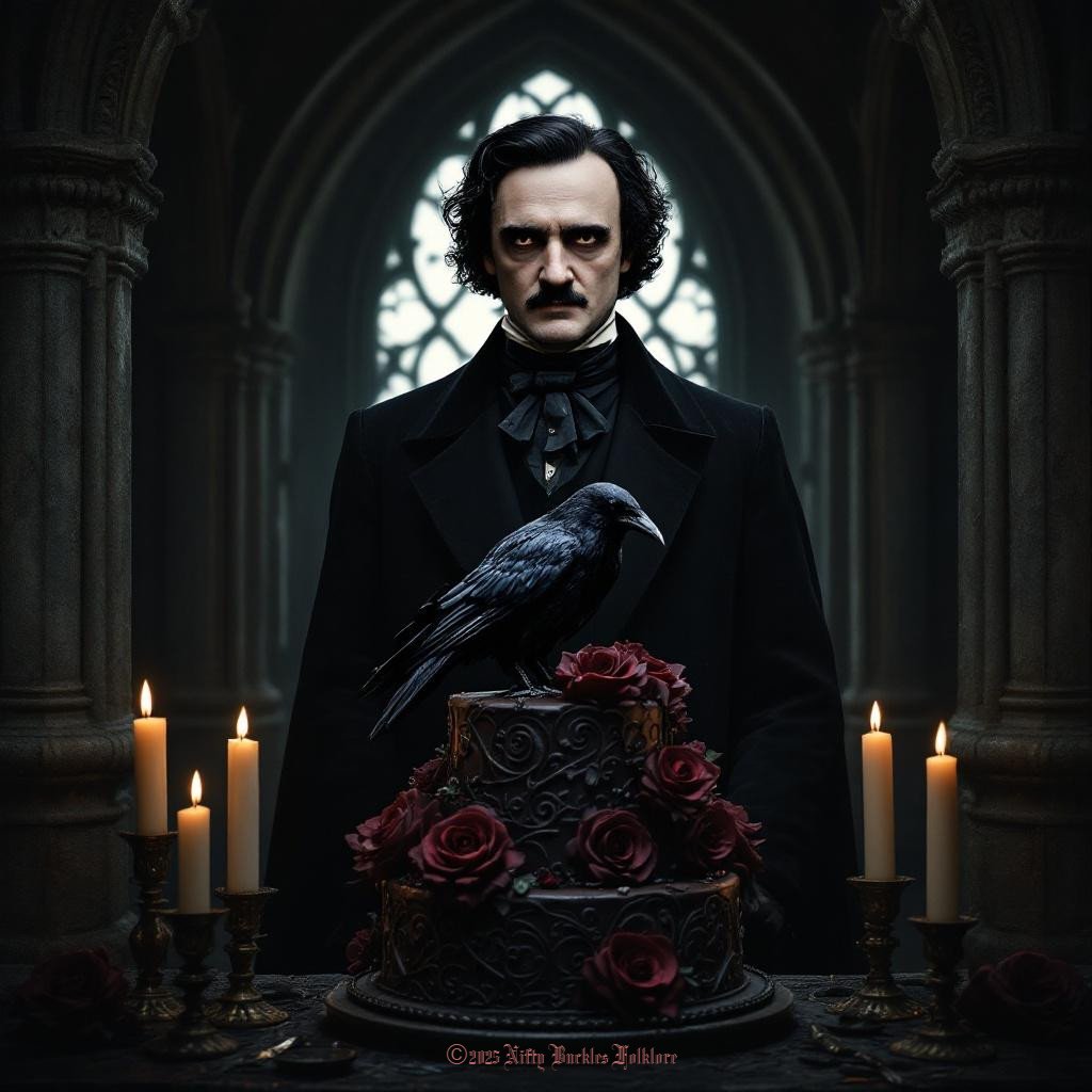 NiftyBuckles's tweet photo. #FolkloreSunday 🐦‍⬛🌹
On what would be his 216th birthday, we honor Edgar Allan Poe (1809-1849). His poem "The Raven" captures winter's chill with its somber refrain of "Nevermore," blending the season's darkness with themes of loss and the macabre. #EdgarAllenPoeBirthday #GothicBirthday