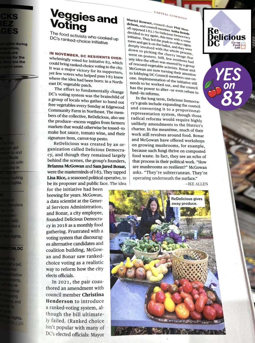 Make All Votes Count DC (@allvotescountdc) on Twitter photo Today's issue of <a href="/washingtonian/">Washingtonian 🌸</a> covers how #Initiative83 - which DC voted for overwhelmingly - was borne out of a movement by ReDelicious and DeliciousDemocracy to serve the DC community through both food distribution 🍎🥦 and electoral reform 🍒 Check it out!
Follow ReDelicious Today's issue of <a href="/washingtonian/">Washingtonian 🌸</a> covers how #Initiative83 - which DC voted for overwhelmingly - was borne out of a movement by ReDelicious and DeliciousDemocracy to serve the DC community through both food distribution 🍎🥦 and electoral reform 🍒 Check it out!
Follow ReDelicious