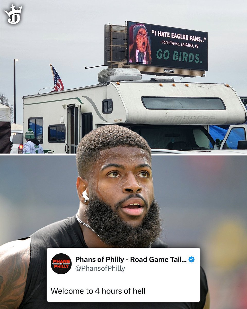 DKSports's tweet photo. Rams LB Jared Verse said he "hates Eagles fans" 👀

Eagles fans put his quote on a billboard outside of Lincoln Financial Field ahead of the game 🤣

(h/t @PhansofPhilly) https://t.co/n4TT75DSsE