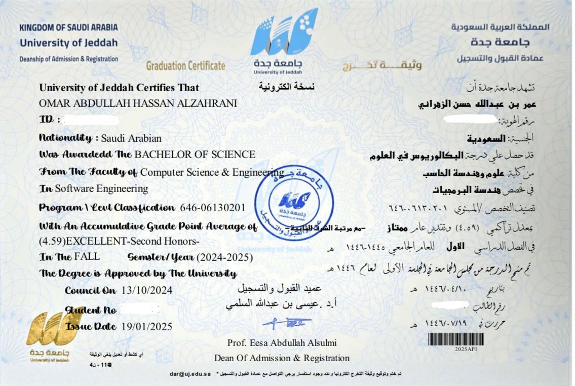 Omar AL zhrani (@azx0_o) on Twitter photo ﴿وَآخِرُ دَعْوَاهُمْ أَنِ الْحَمْدُ لِلَّهِ رَبِّ الْعَالَمِينَ﴾
بفضل الله وتوفيقه أتممت مسيرتي الجامعية بكلية علوم وهندسة الحاسب بدرجة البكالوريوس في تخصص هندسة البرمجيات مع مرتبة الشرف
القادم أجمل بإذن الله. والأحلام لم تنتهِ بعد، بل هي البداية. ✨ ﴿وَآخِرُ دَعْوَاهُمْ أَنِ الْحَمْدُ لِلَّهِ رَبِّ الْعَالَمِينَ﴾
بفضل الله وتوفيقه أتممت مسيرتي الجامعية بكلية علوم وهندسة الحاسب بدرجة البكالوريوس في تخصص هندسة البرمجيات مع مرتبة الشرف
القادم أجمل بإذن الله. والأحلام لم تنتهِ بعد، بل هي البداية. ✨
