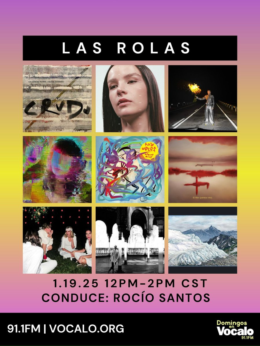 ♫𝘿𝙤𝙢𝙞𝙣𝙜𝙤𝙨 𝙚𝙣 𝙑𝙤𝙘𝙖𝙡𝙤🎙 (@domingosvocalo) on Twitter photo 🔊¡ESTE DOMINGO!🎚️
📡Sonando de Chicago para el mundo, <a href="/roxyosounds/">🎧 𝐑𝐨𝐜í𝐨 𝐒𝐚𝐧𝐭𝐨𝐬🎙️🎚️</a> te presenta un cóctel sonoro ft. <a href="/ela_minus/">Ela Minus</a> <a href="/ColombinaParra/">Colombina Parra</a> @sinegomusic <a href="/__petiteamie/">Petite Amie</a> <a href="/MarianaParaway/">Mariana Päraway</a> y otras novedades🎶
🎧Sintoniza 12pm-2pm🎧
📻91.1FM▶️vocalo.org 🔊¡ESTE DOMINGO!🎚️
📡Sonando de Chicago para el mundo, <a href="/roxyosounds/">🎧 𝐑𝐨𝐜í𝐨 𝐒𝐚𝐧𝐭𝐨𝐬🎙️🎚️</a> te presenta un cóctel sonoro ft. <a href="/ela_minus/">Ela Minus</a> <a href="/ColombinaParra/">Colombina Parra</a> @sinegomusic <a href="/__petiteamie/">Petite Amie</a> <a href="/MarianaParaway/">Mariana Päraway</a> y otras novedades🎶
🎧Sintoniza 12pm-2pm🎧
📻91.1FM▶️vocalo.org