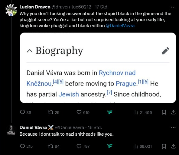 MauriceWeber42's tweet photo. Die nächste "anti-woke" Hasswelle ist da, und das Ziel ist: Kingdom Come 2. Und der, äh, weltberühmte Wokist... Daniel Vavra?

Gerüchte einer schwulen Szene und ein angeblicher Screenshot eines schwarzen NPCs reichen für die Treibjagd. Es ging nie um Spiele, immer um Hass-Klicks. https://t.co/bwnvwjBWQ9