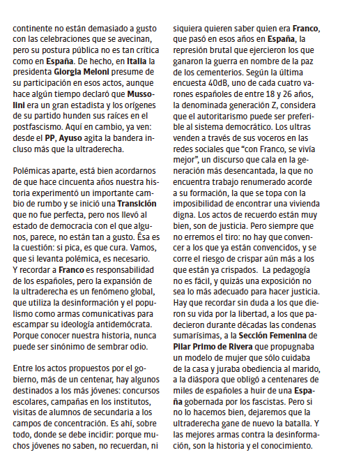 50 años de libertad: No erremos el tiro, no hay que convencer a los que ya están convencidos, y se
corre el riesgo de crispar más a los
que están ya crispados. No dejemos que la
ultraderecha gane la batalla. 
"Lo que pica, cura", en #ElMur de la <a href="/CTuria/">Cartelera Turia</a> de esta semana.