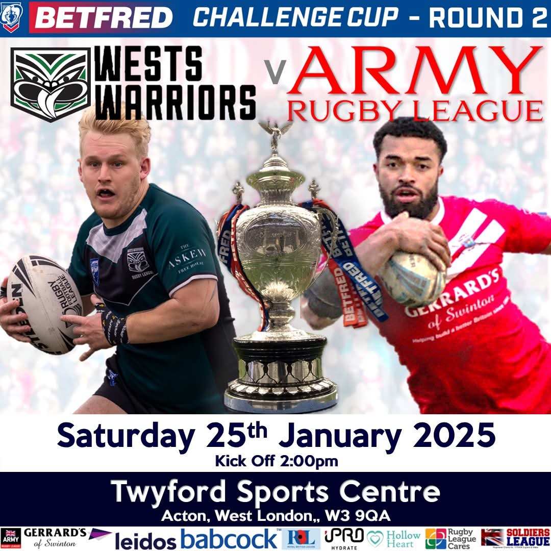 Army Rugby League (@armyrugbyleague) on Twitter photo WE GO AGAIN THIS SATURDAY!
We're right back at it with Rd2 of <a href="/TheChallengeCup/">Betfred Challenge Cup</a>
<a href="/wests_warriors/">Wests Warriors</a> will host the <a href="/ArmyRugbyLeague/">Army Rugby League</a> at the home of <a href="/WaspsFC/">Wasps Football Club</a>
Twyford Avenue Sports Ground
Acton
London
W3 9QA
🕑Kick off is 2:00pm
Please spread the word far and wide, ❤️ and 🔄 WE GO AGAIN THIS SATURDAY!
We're right back at it with Rd2 of <a href="/TheChallengeCup/">Betfred Challenge Cup</a>
<a href="/wests_warriors/">Wests Warriors</a> will host the <a href="/ArmyRugbyLeague/">Army Rugby League</a> at the home of <a href="/WaspsFC/">Wasps Football Club</a>
Twyford Avenue Sports Ground
Acton
London
W3 9QA
🕑Kick off is 2:00pm
Please spread the word far and wide, ❤️ and 🔄