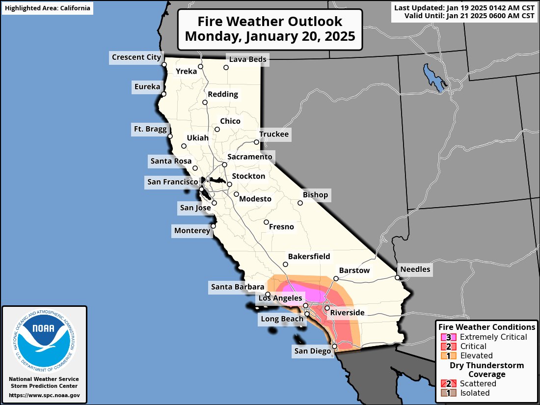 Here we go again. Another round of very strong &amp; locally damaging offshore winds is imminent across SoCal. Due to now record-dry vegetation, this will result in another "extremely critical" wildfire risk period, esp. across parts of LA &amp; Ventura counties Mon-Tue. #CAwx #CAfire