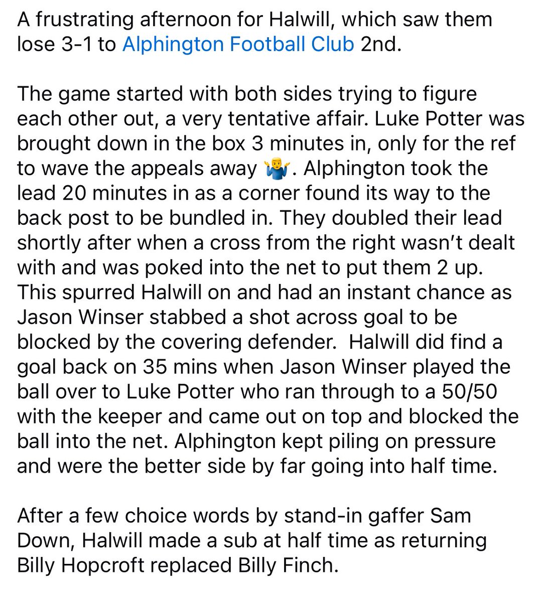 HalwillFC's tweet photo. Match report from yesterdays disappointing loss to @AlphingtonAFC reserves. https://t.co/RfEIN7frX0