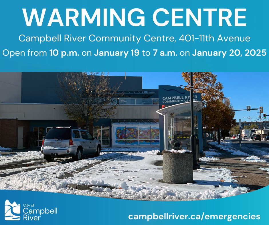❗️🌡️ In response to the continued low overnight temperatures in the forecast, the City will open a warming centre at the Community Centre (401-11th Avenue) from 10 p.m. on Jan. 19 to 7 a.m. on Jan. 20, 2025.  

Read the full advisory for more information: campbellriver.ca/news.