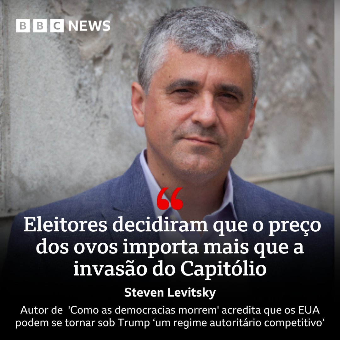 Para Steven Levitsky, autor de 'Como as democracias morrem', retorno de Trump pode levar os EUA a "um regime autoritário competitivo", no qual as eleições seguem existindo, mas sem que as regras do jogo sejam devidamente cumpridas:
bbc.in/3PFFfZA