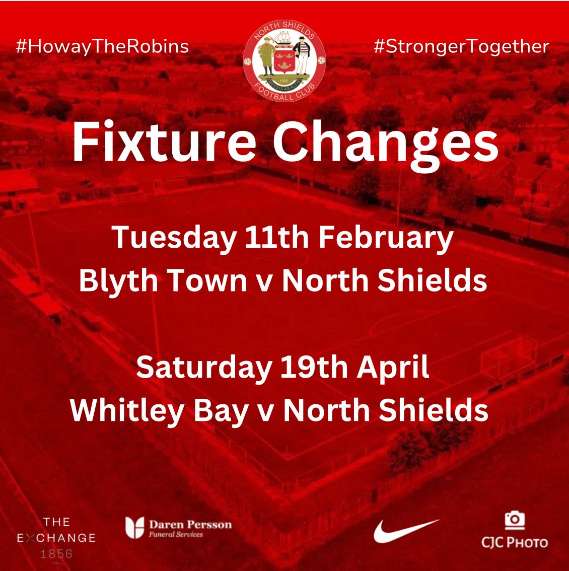 NorthShieldsFC's tweet photo. FIXTURE CHANGES 📆 

We have 4 fixture changes ⬇️ 

25/01 Carlisle City (a)
6/02 Easington Colliery - League Cup (a)
11/02 Blyth Town (a)
19/04 Whitley Bay (a)

Keep up to date with all fixtures on our website https://t.co/M6zYpP1hI3

#HowayTheRobins https://t.co/tmuvm6ptq7