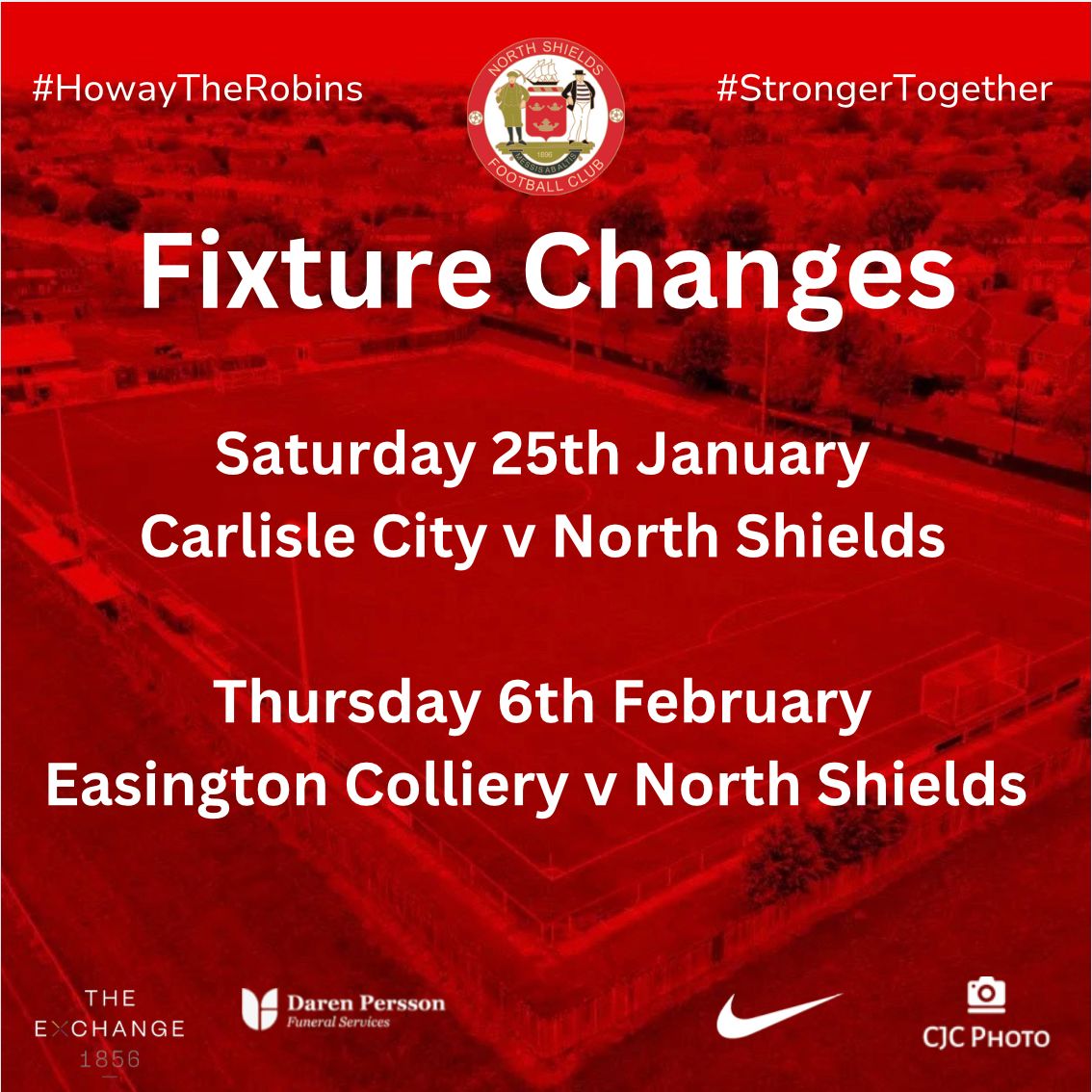FIXTURE CHANGES 📆 

We have 4 fixture changes ⬇️ 

25/01 Carlisle City (a)
6/02 Easington Colliery - League Cup (a)
11/02 Blyth Town (a)
19/04 Whitley Bay (a)

Keep up to date with all fixtures on our website buff.ly/3PGSERj

#HowayTheRobins