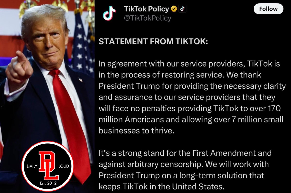 DailyLoud's tweet photo. BREAKING: TikTok announces they are restoring service, thanks President Donald Trump for “providing the necessary clarity and assurance.”

The platform has been down for less than 24 hours and it’s already coming back‼️🎉 https://t.co/3AYY4coYVd