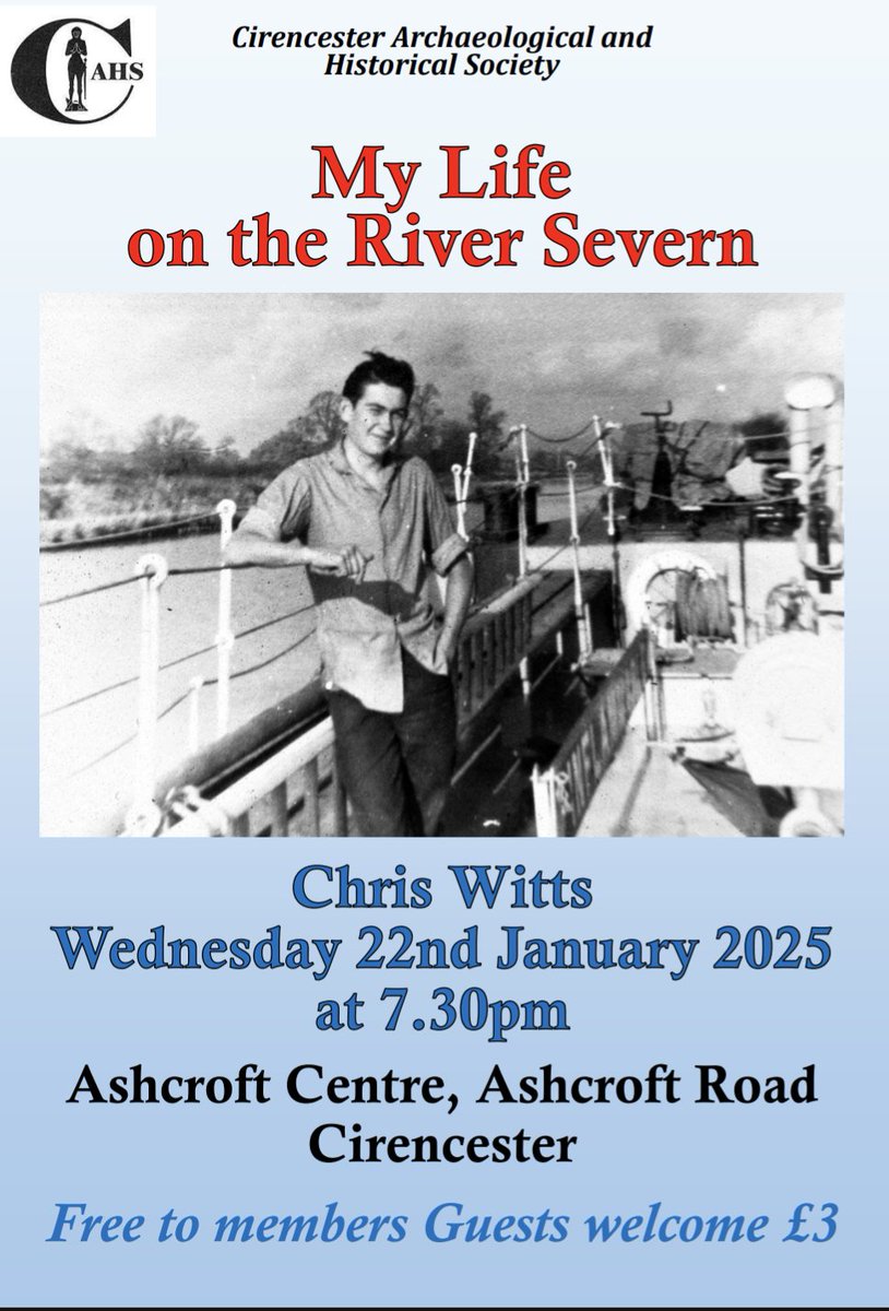 Lectures are back. Wednesday 22nd January, Chris Witts 'My Life on the River Severn' 7.30pm at the Ashcroft Centre, Ashcroft Road Cirencester. Free to members guests welcome for £3.
#cirenhistory #riverSevern #localhistory #gloucestershire