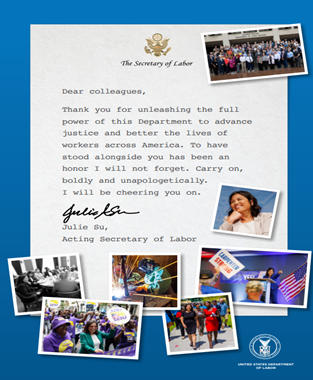 Acting Secretary Julie Su (@actsecjuliesu) on Twitter photo To my incredible <a href="/USDOL/">U.S. Department of Labor</a> staff:
Together, we wielded the power of this Department to advance justice for workers across America. To have stood alongside you has been an honor I will not forget. Carry on, boldly and unapologetically. – JAS To my incredible <a href="/USDOL/">U.S. Department of Labor</a> staff:
Together, we wielded the power of this Department to advance justice for workers across America. To have stood alongside you has been an honor I will not forget. Carry on, boldly and unapologetically. – JAS