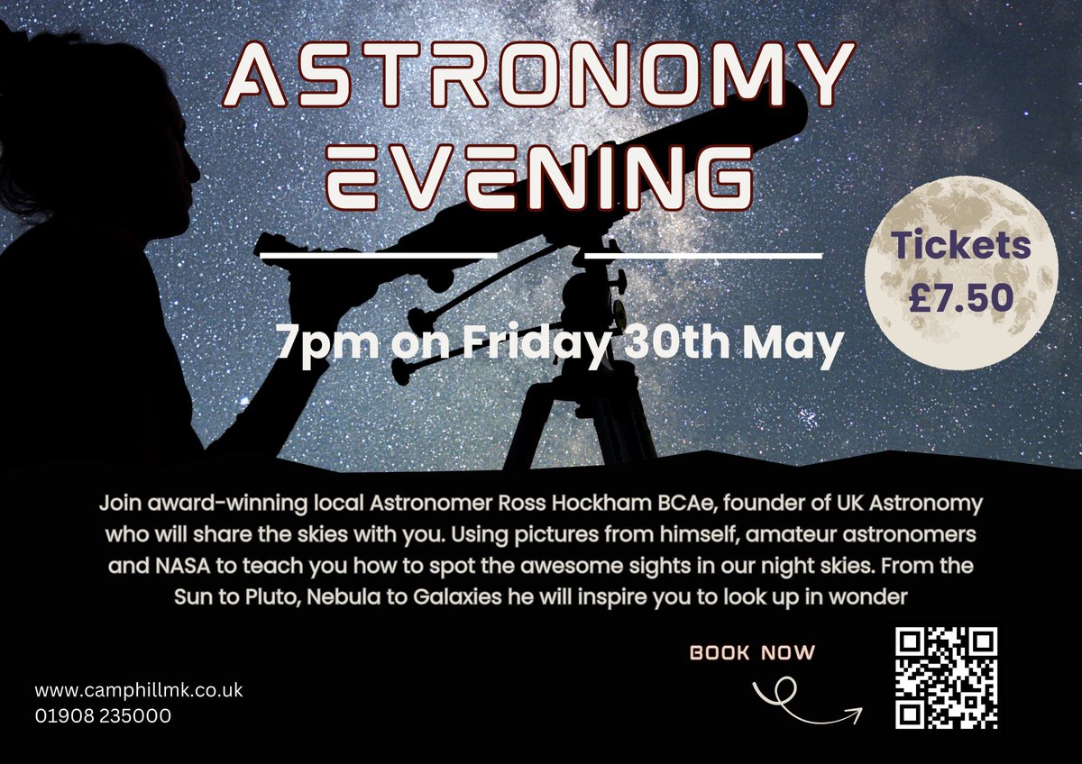 Camphill MK Communities (@camphillmk) on Twitter photo Join us for an evening with <a href="/UK_Astro/">UK Astronomy</a> on Friday 30th May at The Chrysalis Theatre MK. ⭐ 🔭 🌕
Join award-winning local Astronomer Ross Hockham BCAe, who will share the skies with you using his pictures, amateur astronomers and NASA to teach you how to spot the awesome sights in Join us for an evening with <a href="/UK_Astro/">UK Astronomy</a> on Friday 30th May at The Chrysalis Theatre MK. ⭐ 🔭 🌕
Join award-winning local Astronomer Ross Hockham BCAe, who will share the skies with you using his pictures, amateur astronomers and NASA to teach you how to spot the awesome sights in