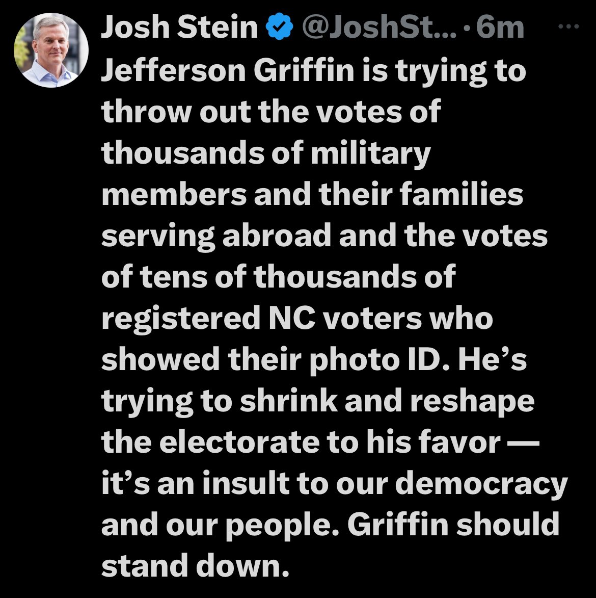AnnieMDance's tweet image. Just in: Gov. Josh Stein says Jefferson Griffin should “stand down” against Allison Riggs in the NC Supreme Court race where Riggs currently leads by less than 800 votes. The #FourthCircuit is set to hear the case soon. #Election2024 #NCpol
