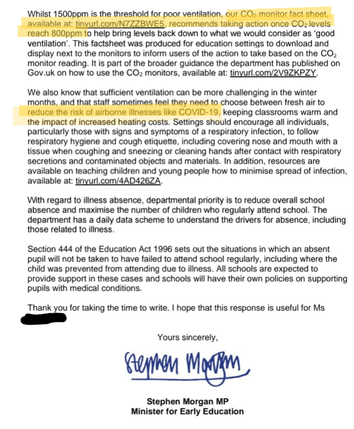 BUT WAIT...
<a href="/StephenMorganMP/">Stephen Morgan MP</a>'s letter clearly says that #CovidIsAirborne and recommends mitigating airborne transmission in educational settings?
I am confused <a href="/GwynneMP/">Andrew Gwynne MP</a> should we 'predominantly' implement official govt infection control policy or not?
#LongCovid #LongCovidKids