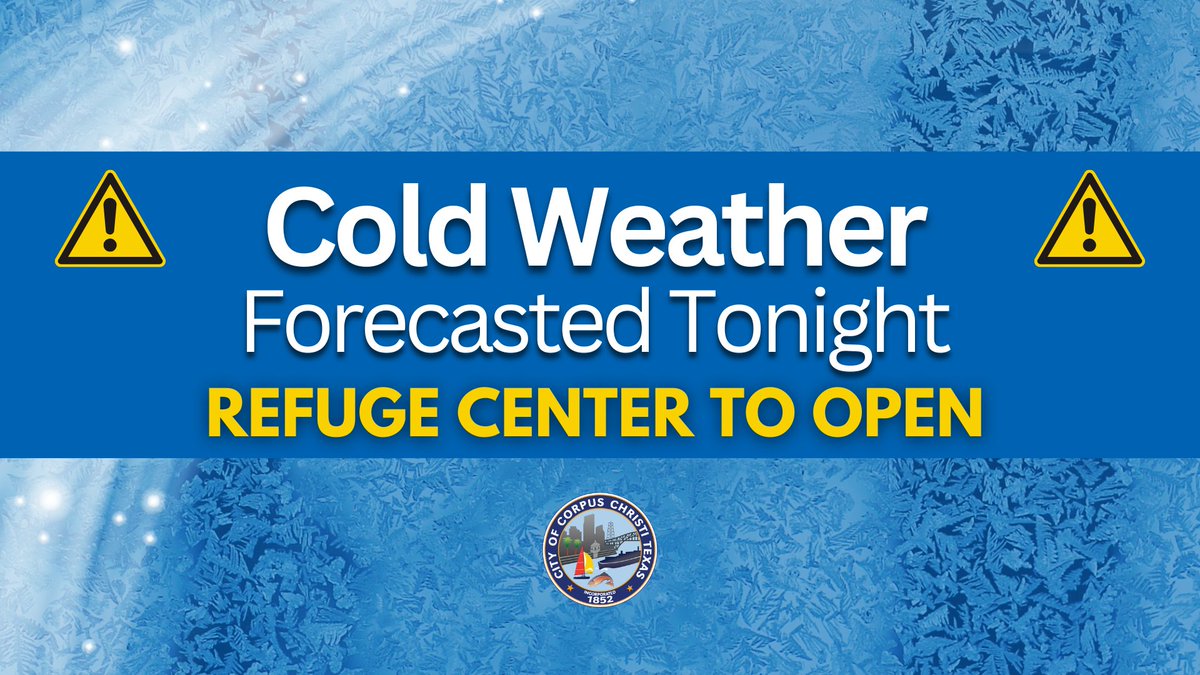 🚨 Cold weather at or below freezing tonight through Wednesday – refuge center open. 🚨
 
Cold weather at or below freezing is forecasted to bring freezing temperatures overnight, Sunday to Wednesday. A refuge center will be open to provide a safe and warm space for those in