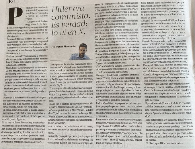 "Hitler era comunista. Es verdad: lo vi en X".
 La columna CENSURADA (en rrss) del periodista Daniel Matamala.  <a href="/DMatamala/">Daniel Matamala</a>