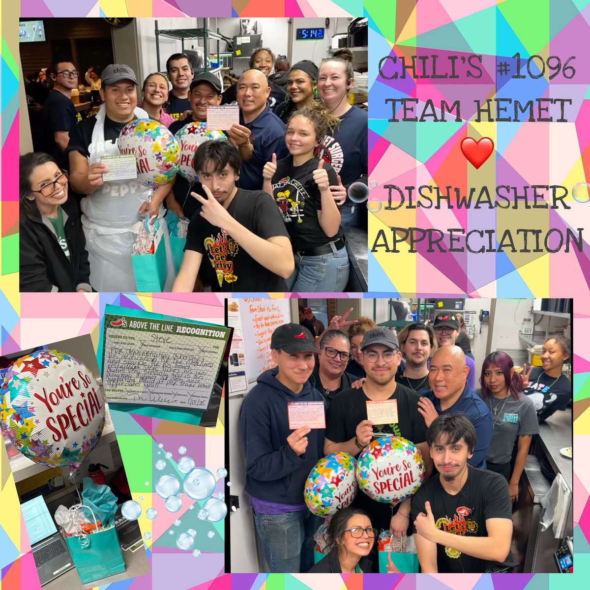 AbLynnHector's tweet photo. @Chilis Hemet we know what an important role our dishwashers have in #playingrestaurant and showed them #chilislove with goodie bags & ATLs to let them know they are appreciated every day! #chilisculture @TonaBologna @DeannaOrlando @dale_bullotta @dougcomings @kdhochman https://t.co/2nyGrVCVYq