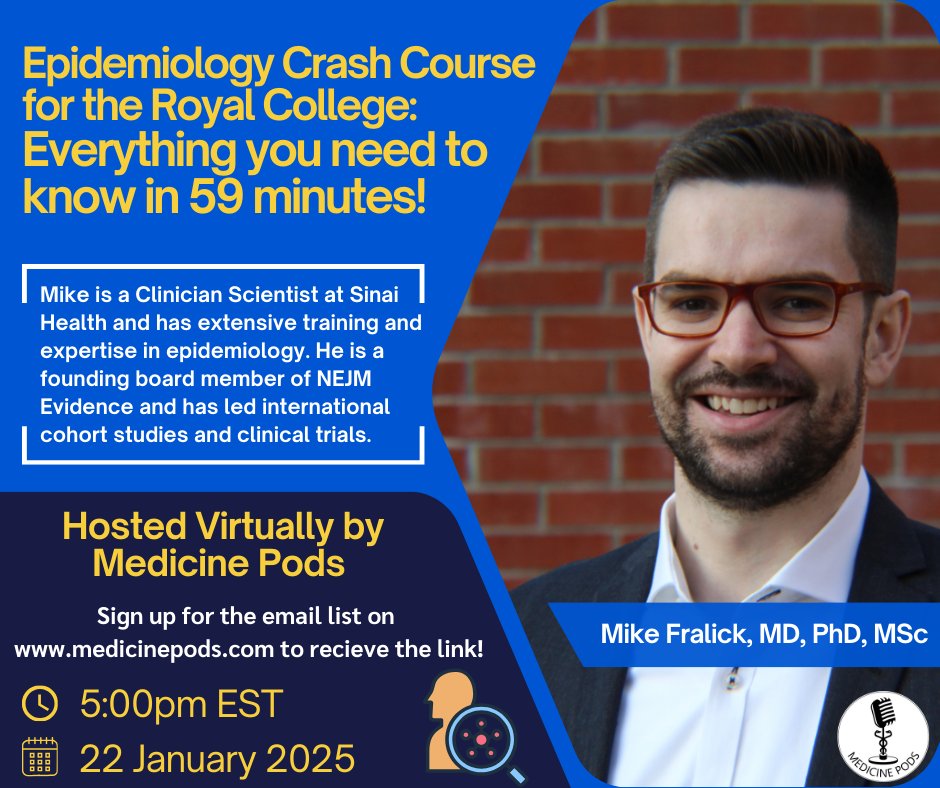 Medicine Pods (@medicinepods) on Twitter photo Studying for the Internal Medicine Royal College exam? Don't miss out on a free Epidemiology crash course hosted by Dr. <a href="/FralickMike/">Michael Fralick</a> this Wednesday, Jan 22!🎉 Sign up for the email list on medicinepods.com for the link to join! 📲📚 <a href="/InternAtWork/">The Intern At Work</a> <a href="/roundstable/">The Rounds Table</a> #MedTwitter Studying for the Internal Medicine Royal College exam? Don't miss out on a free Epidemiology crash course hosted by Dr. <a href="/FralickMike/">Michael Fralick</a> this Wednesday, Jan 22!🎉 Sign up for the email list on medicinepods.com for the link to join! 📲📚 <a href="/InternAtWork/">The Intern At Work</a> <a href="/roundstable/">The Rounds Table</a> #MedTwitter