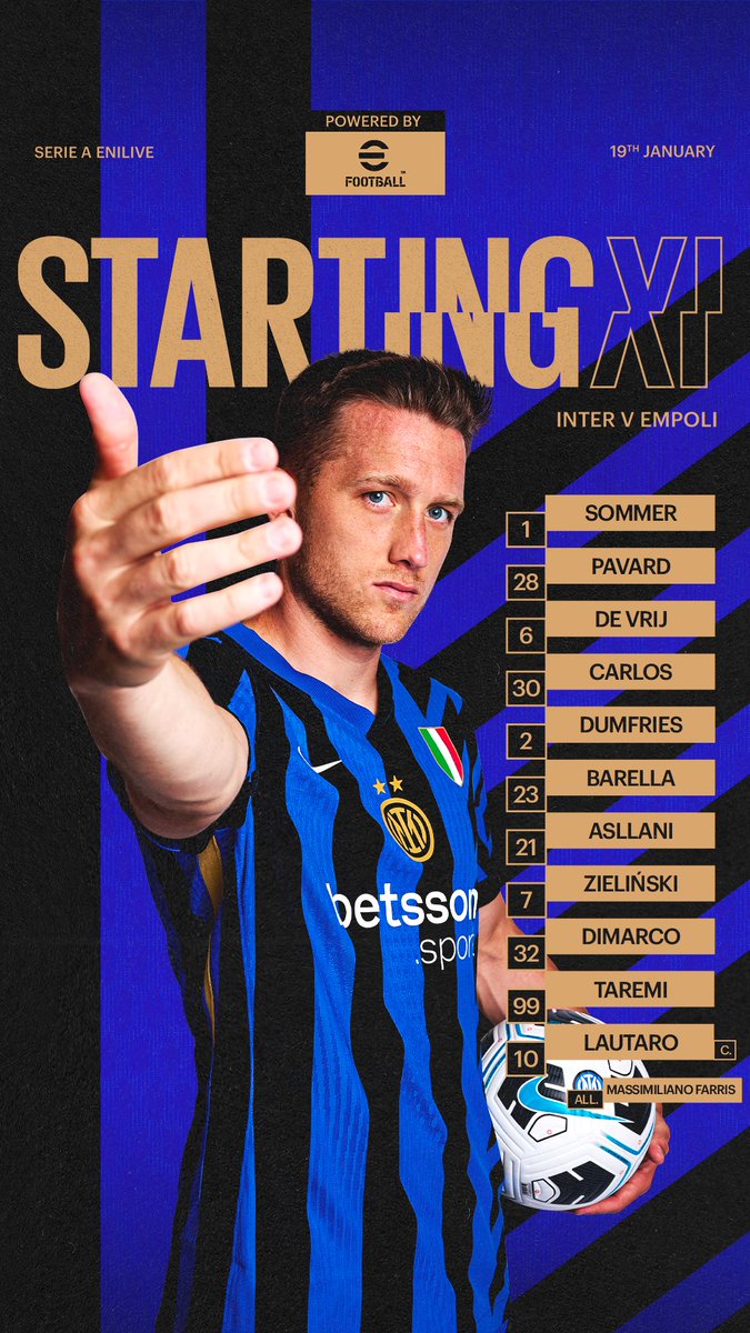 InterClub1908's tweet image. #INTER (3-5-2): 1 Sommer; 28 Pavard, 6 De Vrij, 30 Carlos Augusto;  2 Dumfries, 23 Barella, 21 Asllani, 7 Zielinski, 32 Dimarco; 99 Taremi,  10 Lautaro.
All.:Inzaghi
Formazione ufficiale @Inter di #InterEmpoli @SerieA
#SerieA #SerieATIM
SEMPRE #FORZAINTER #AMALA!!!
💪🏻⚫🔵🖤💙🐍
