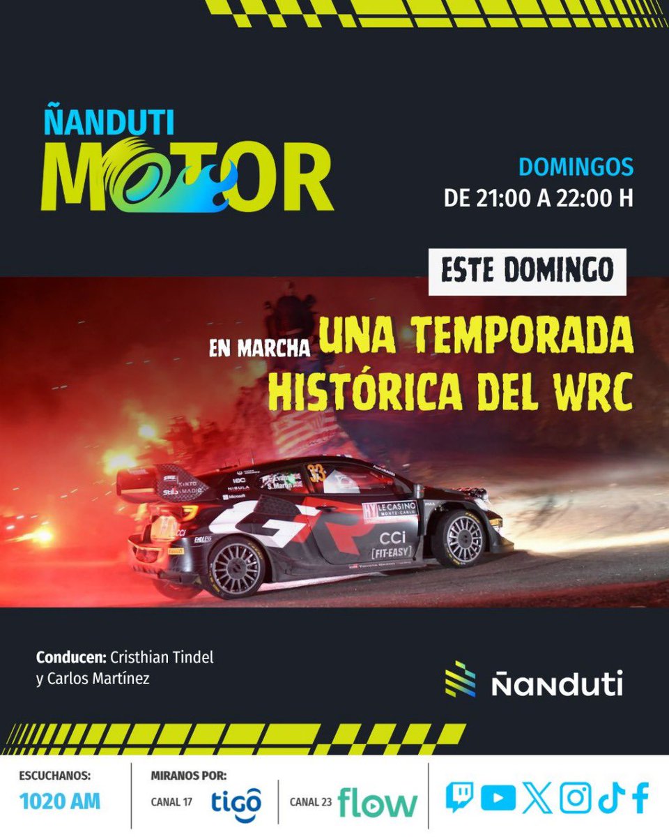 📺📌 Está noche nos vemos y escuchamos por @nanduti1020 con otra entrega de #ÑandutiMotor🏁. Lo que dejo el Dakar 2025, los detalles de las recorridas en Itapúa, las pruebas de Mateo Valente en Brasil y toda la previa del Rally de Montecarlo🇮🇩. ¡Nos vemos a las 21hs!