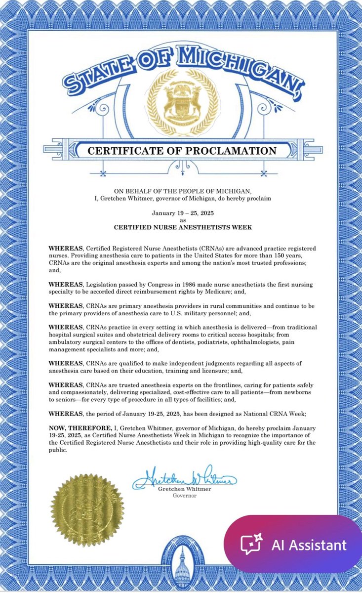 Thank you <a href="/GovWhitmer/">Governor Gretchen Whitmer</a> !! Michigan CRNAs appreciate you! 
#CRNAWeek
