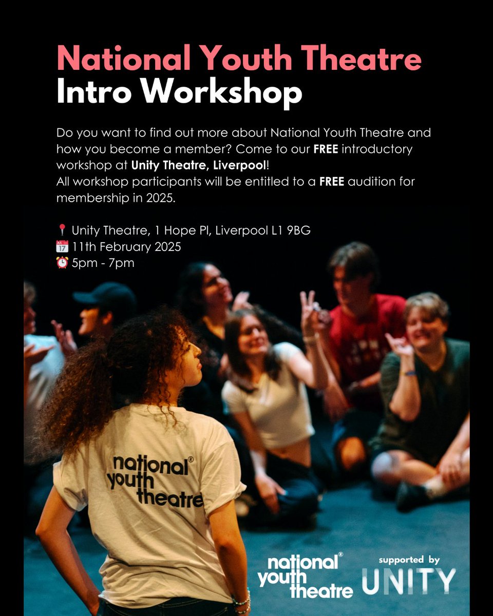 BOOK YOUR SLOT NOW!

Do you want to find out more about The National Youth Theatre and how you become a member? Book on to the FREE introductory workshop at Unity!

VERY LIMITED SPACES 🏃
🔗unitytheatreliverpool.co.uk/whats-on/natio…