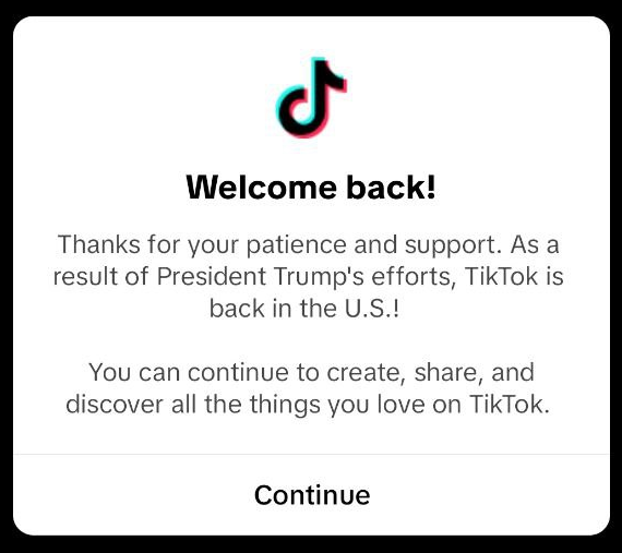 NewsWire_US's tweet photo. TikTok adds new welcome message thanking Trump. https://t.co/VZkbr4TSqY