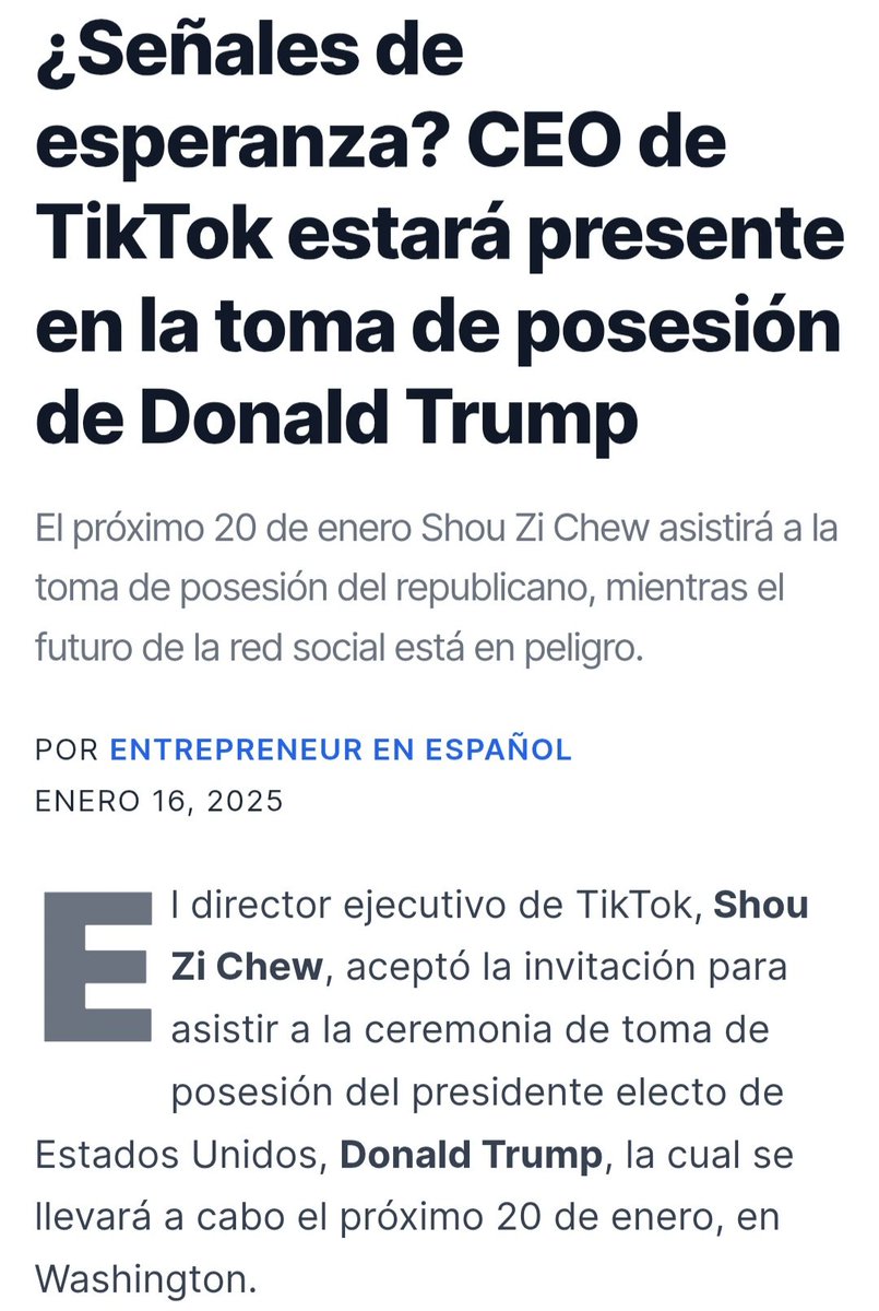 Miguelangeltwit's tweet photo. Un día antes que Trump tome posesión al cargo, Tiktok es baneada en USA.

Mañana el CEO de Tiktok estará presente en la toma Trump.

Es evidente la estrategia básica, para que Trump lo vean como un héroe. 🤷‍♂️ https://t.co/2cnbYaMhSe