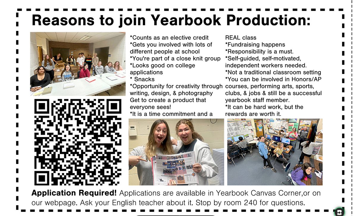 Scheduling time for 2025-2026! Make Yearbook Production an awesome part of your day. Applications available in Yearbook Canvas Corner, our webpage and through your English teacher.