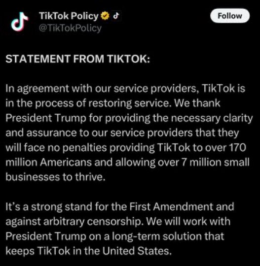 BREAKING: TikTok is restoring services in the U.S. and thanking President Trump for his support.